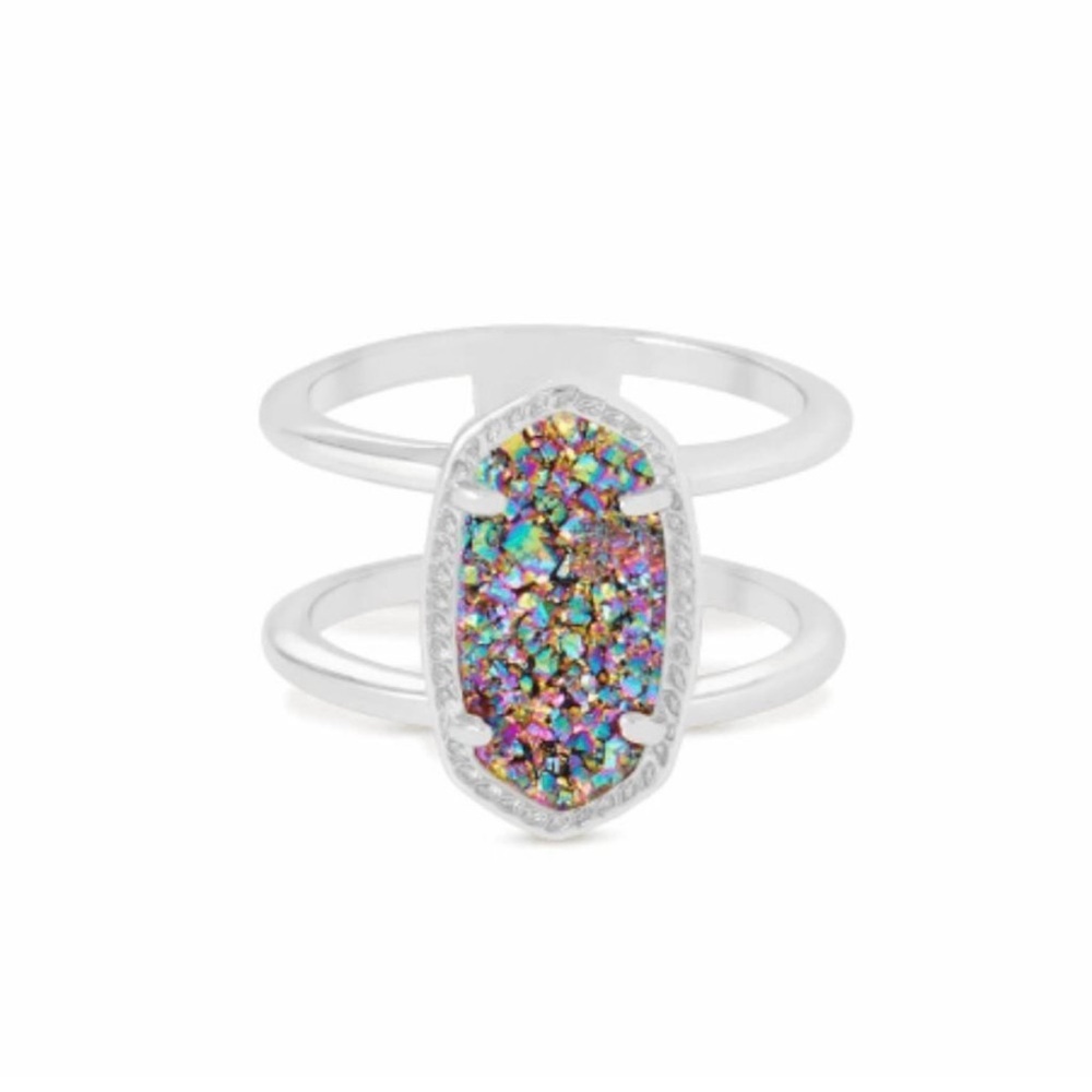 NWT Kendra Scott Elyse Silver Ring in Multicolor Druzy | Size 6